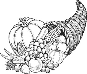 Cornucopia with fruits and vegetables in black and white drawing style