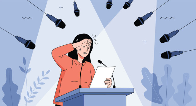 Woman feeling anxious under pressure from multiple microphones during a public speaking event.