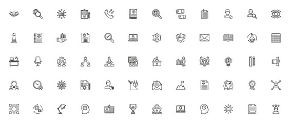Office icon set. Business vector collection. Includes Handshake, Magnifying glass, Line graph, Document, Phone call, Book and more. Minimalist editable stroke.