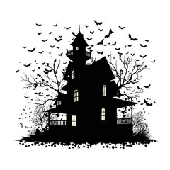 outline Haunted house silhouette with bats on white background 