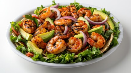 Fototapeta premium Grilled Shrimp Salad with Avocado and Red Onion on White Plate