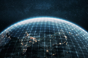 Night planet earth Asian countries with light lines of communication and connection. Business and finance, concept.  Global communications system and the World Wide Web. Technologies and communication