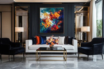Modern living room with vibrant abstract art