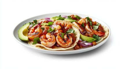 Grilled Shrimp Tacos with Avocado and Red Onion on White Plate
