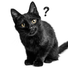 a Curious black cat with question mark on white background