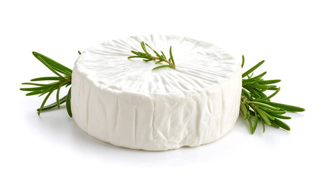 Artisanal goat cheese adorned with fresh rosemary sprigs isolated on white backdrop - Powered by Adobe