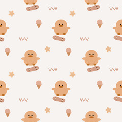 Duck play skateboard cartoon so cute. On star ice cream background. Pattern seamless vector illustration. 