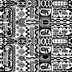 A black and white hand-drawn drawing in the Mexican style.Seamless pattern.