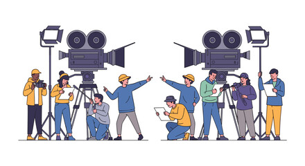 Creative filmmaking crew captures action with professional movie cameras and lighting equipment