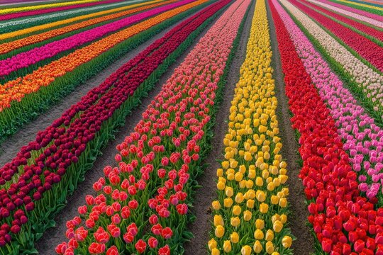 A vast field of tulips in vibrant rows. Colorful flowerbeds stretch out in parallel lines, displaying a spectrum of hues
