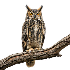 Obraz premium Majestic great horned owl perched on a branch against a black background