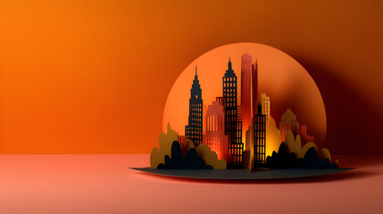 Creative paper art showcases a detailed pop-up skyline of a bustling city at sunset, highlighting iconic towers and urban architecture