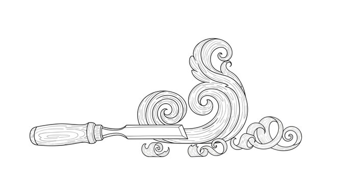  Wood carving chisel with ornate curls in line art illustration