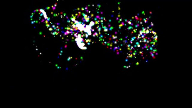 Spinning 3d Blimp with colorful glitter sparkles on plain black background