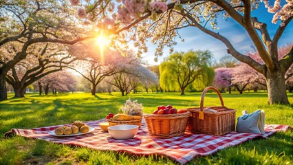 Spring Picnic Basket in Blossoming Orchard: Warm Sunset, Red Gingham Blanket, Fresh Fruit