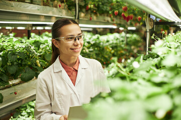 Caucasian young woman wearing safety glasses and lab coat inspecting strawberry plants in indoor...