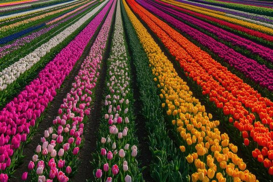Vibrant tulip fields in rows. A vast expanse of colorful tulips arranged in precise rows, - Powered by Adobe
