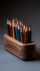 Wooden box filled with colorful art supplies highlighting creativity and artistic expression in a serene workspace