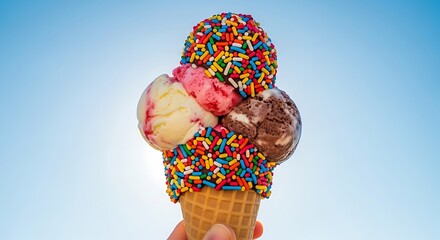 Triple Scoop Ice Cream Cone with Rainbow Sprinkles Against a Bright Blue Sky: Summer Treat