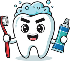 Cartoon tooth character with toothbrush and toothpaste, dental hygiene concept, oral care mascot, cad drawing, flat vector illustration, healthy smile graphic.