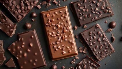 Assorted dark and milk chocolate bars, scattered pieces, and chocolate chips