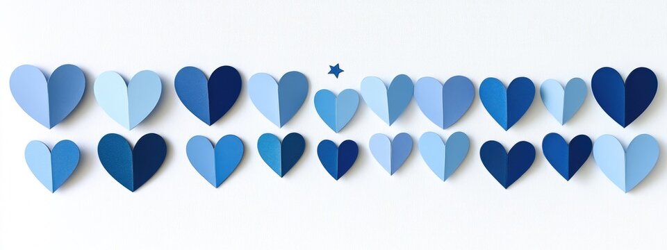 A horizontal array of  paper hearts in various shades of blue