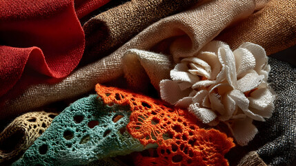 Beautifully arranged stacked fabrics showcasing texture and color diversity in artisan textile design and craftsmanship