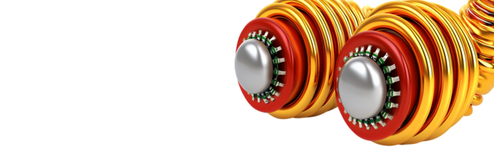 Connected Golden Spring Mechanisms with Red and Silver Details on Dark Background