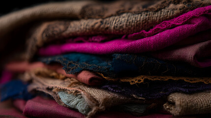 Beautifully arranged stacked fabrics showcasing texture and color diversity in artisan textile design and craftsmanship