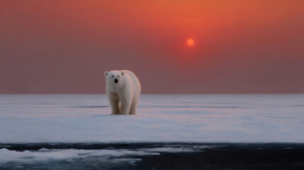 Polar bear standing on ice during sunset in a serene arctic landscape