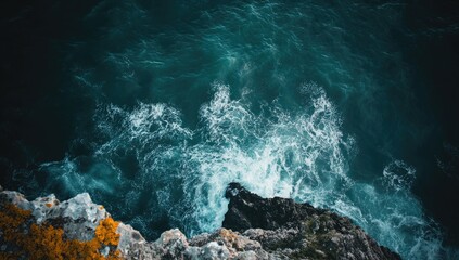 Obraz premium High-angle view of dark ocean waves crashing against a rocky cliff