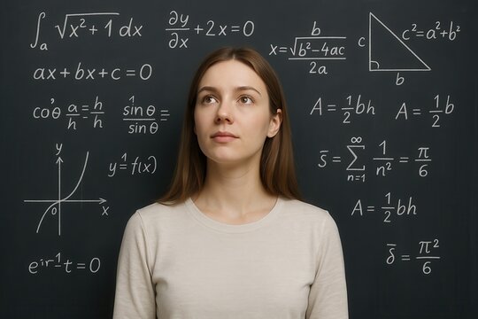 Young woman thinking about math formulas written on a blackboard