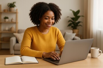 Smiling black woman working from home using laptop computer