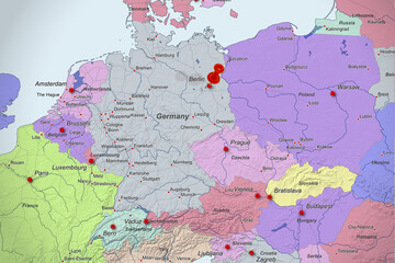 Colorful location map with red stick pin at Berlin, Germany and the surrounding area
