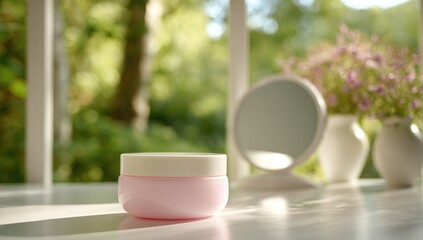 Pink cosmetic jar mirror flowers indoor still life