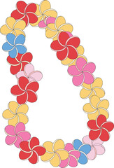 Colorful Hawaiian flower lei necklace, hibiscus garland illustration, tropical island accessory, summer celebration decor, cad drawing, flat vector illustration, beach theme design.
