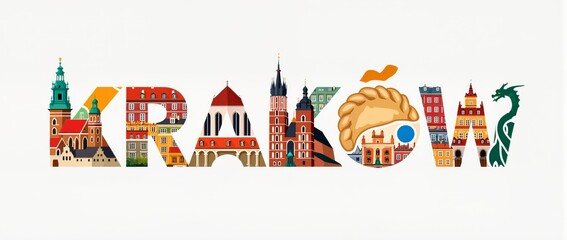 Krak&oacute;w Illustrated: A Vibrant Word Art Featuring Iconic Landmarks and Culture