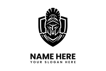 Bold Spartan Helmet Logo Design with Shield and Crest Details.