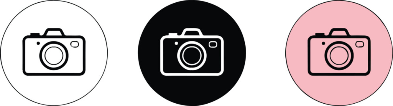 flat camera icon set in black white and pink minimalist vector for photography ui and app designs