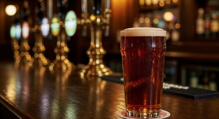 Frothy pint of ale on a dark wooden bar counter with brass beer taps in a soft focus English pub