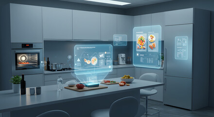 Futuristic kitchen with AI displaying recipes and meal planning on holographic screens.