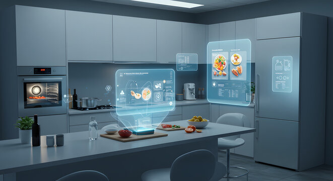 Futuristic kitchen with AI displaying recipes and meal planning on holographic screens.
