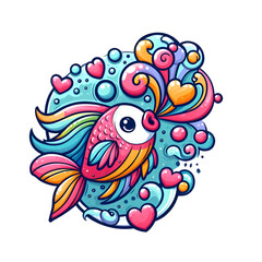 Fototapeta premium Rainbow Fish Surrounded by Floating Hearts and Bubbles