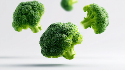 ブロッコリーをバランスよく宙に浮かべたクローズアップ写真。野菜や料理関連のビジュアルに適した素材。
