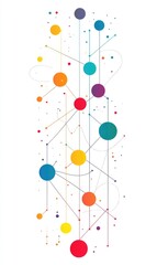 Abstract vertical design featuring interconnected circles of various colors linked by thin lines