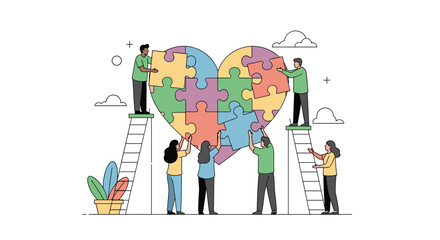 Teamwork and collaboration building a heart puzzle symbolizing unity and connection