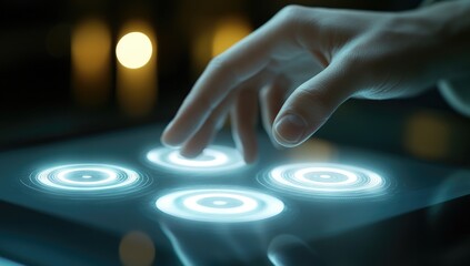 Close-up of a hand interacting with a futuristic tablet displaying glowing circular interfaces