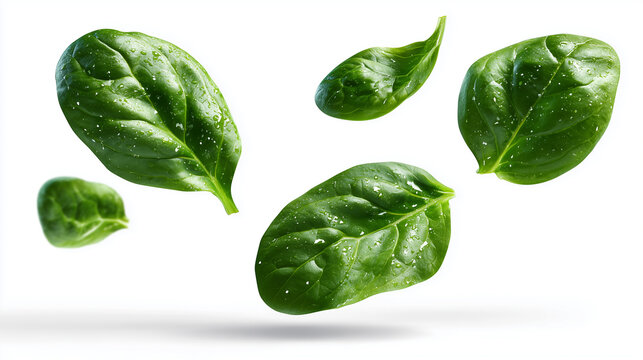 ほうれん草の葉が宙に浮かぶように配置されたクローズアップ写真。野菜や料理関連のデザインに適した素材。
