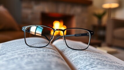 Glasses on a Book with a Warm Fireplace in the Background