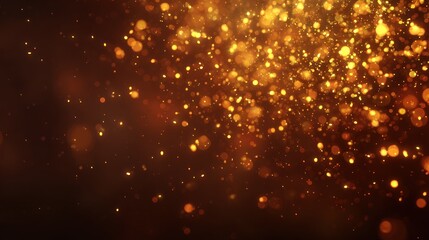 Golden particles sparkle against a dark backdrop.